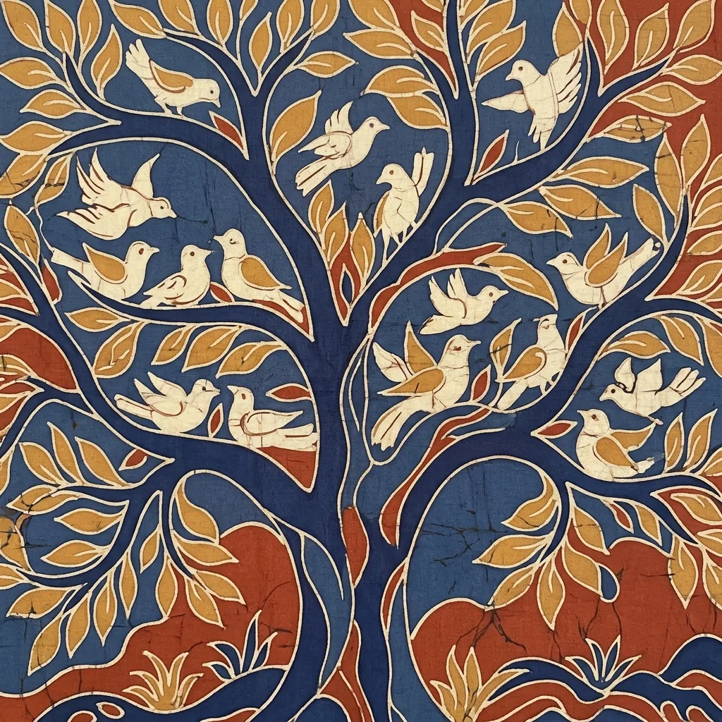 Batik tree with rust and ochre leaves and many cream birds on its branches against an indigo background