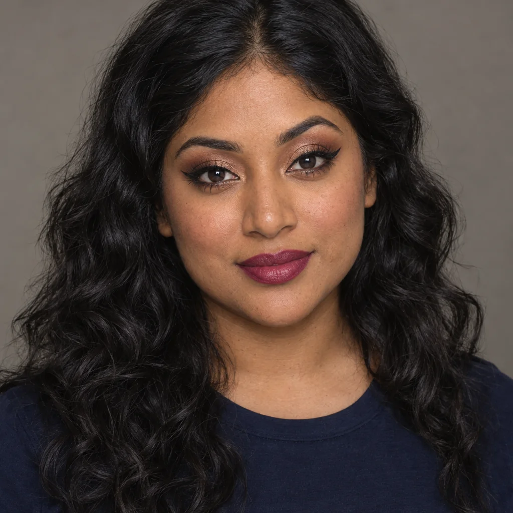 A woman with bronze eyeshadow, winged black eyeliner, berry lipstick and dark wavy hair, wearing a navy top against a grey studio background.