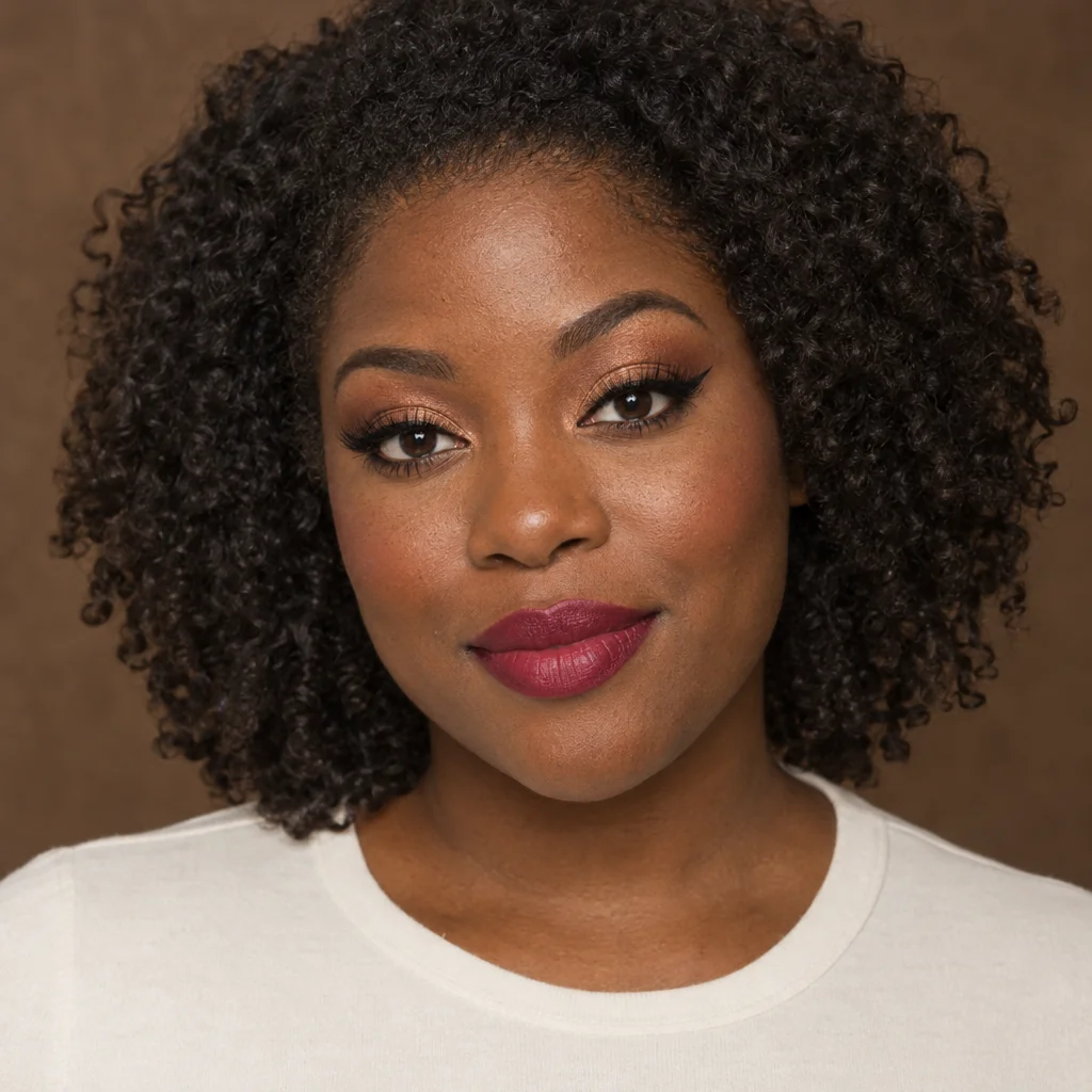 A woman with dark skin and curly hair wearing copper eyeshadow, red lipstick and a cream blouse against a brown background.