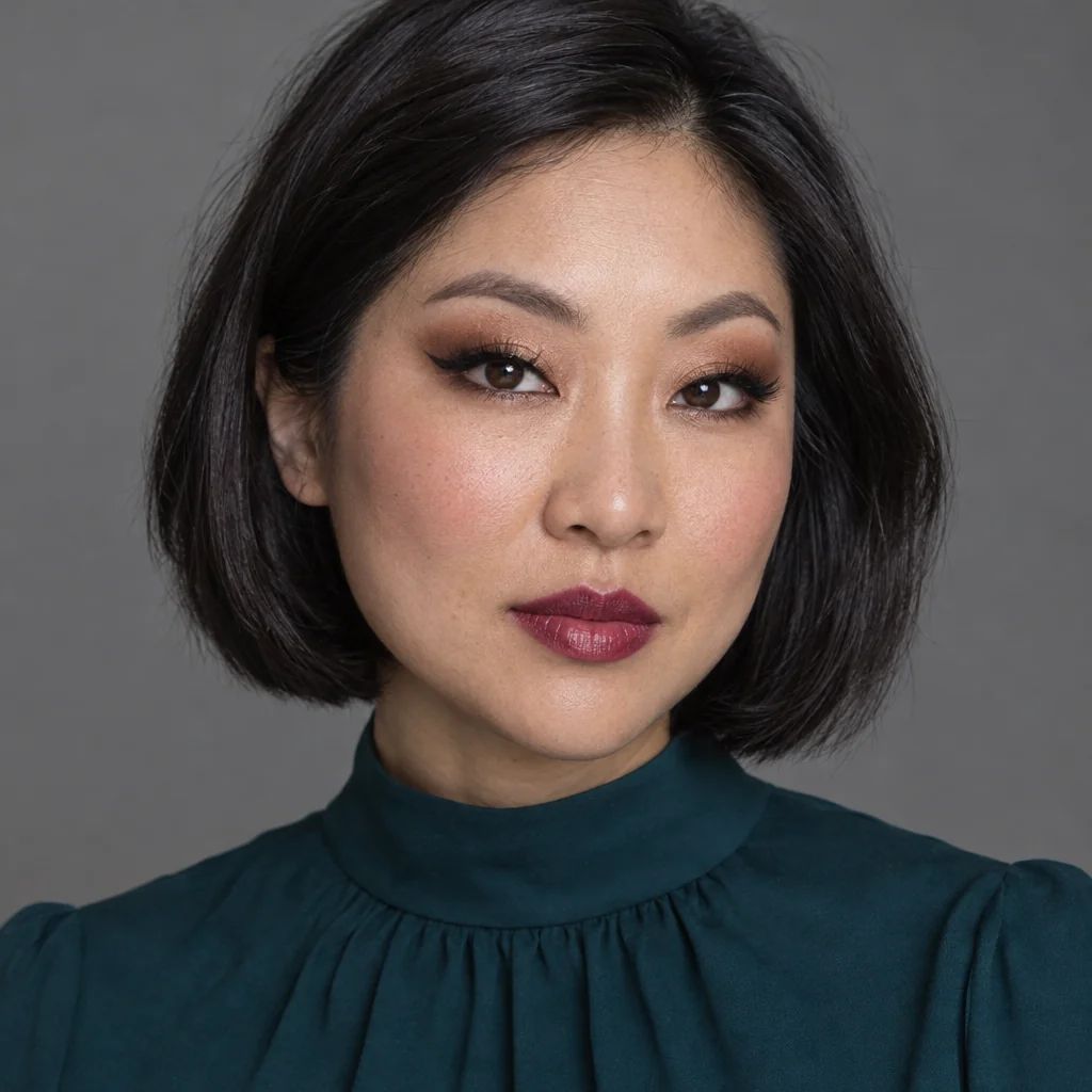 A woman with a short dark bob, defined eyeliner and plum lipstick, wearing a dark teal high-neck blouse against a grey background.