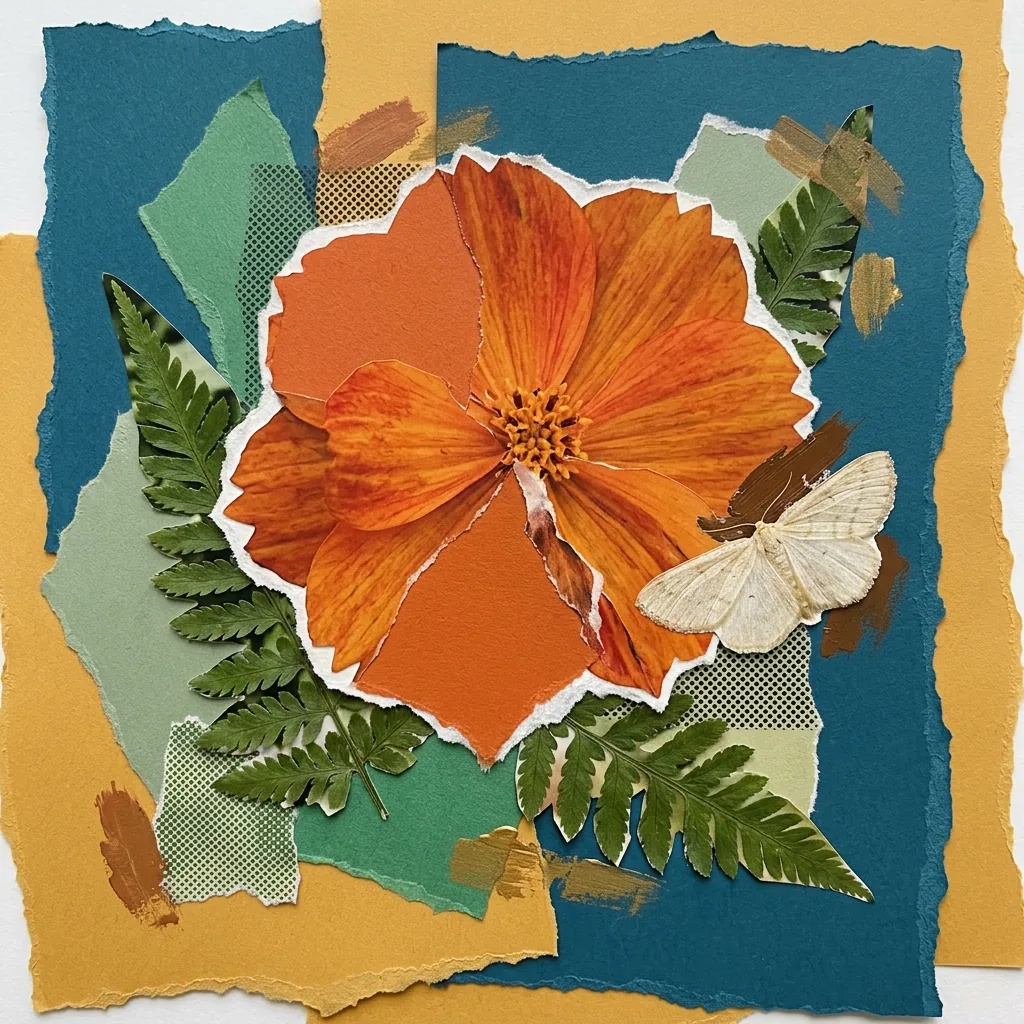 Mixed-media collage with an orange flower, green fern fragments and a cream moth over torn teal and ochre paper