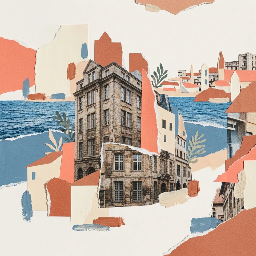 Collage artwork of coastal building fragments above a blue sea strip, with coral and cream paper shapes