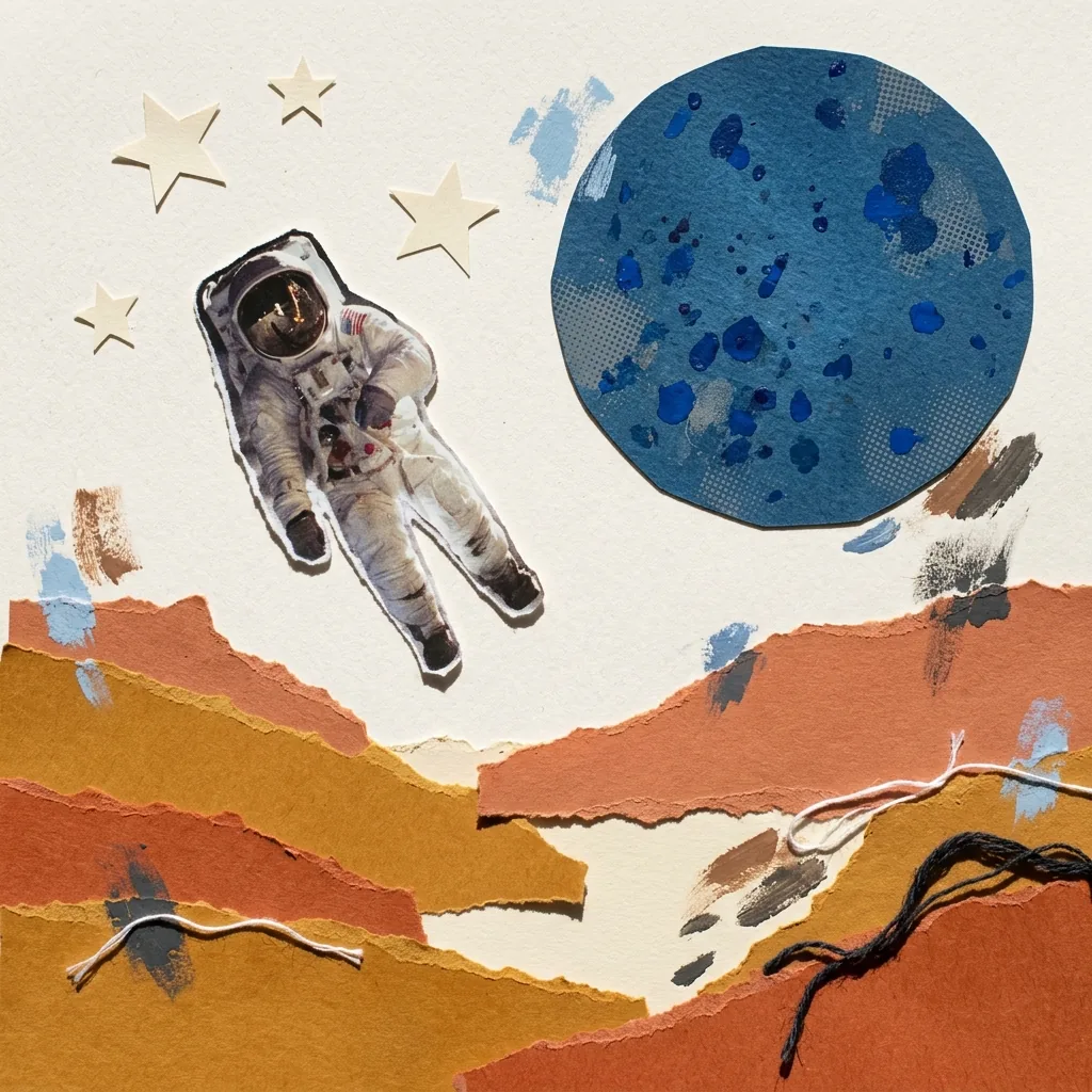 Mixed-media collage of an astronaut above an ochre desert with a blue planet and pale star shapes