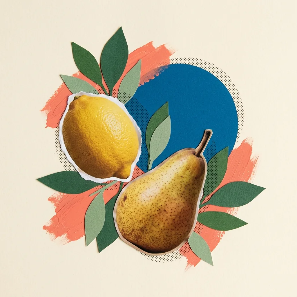 Collage still life with lemon and pear fragments, green leaves, a blue circle and coral paint on cream paper