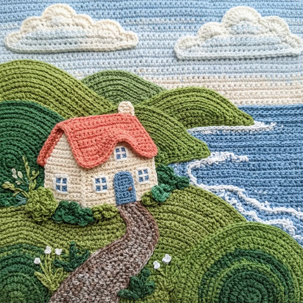 Chalé de crochê creme com telhado coral, um caminho, colinas verdes arredondadas e um mar azul em uma paisagem de fios