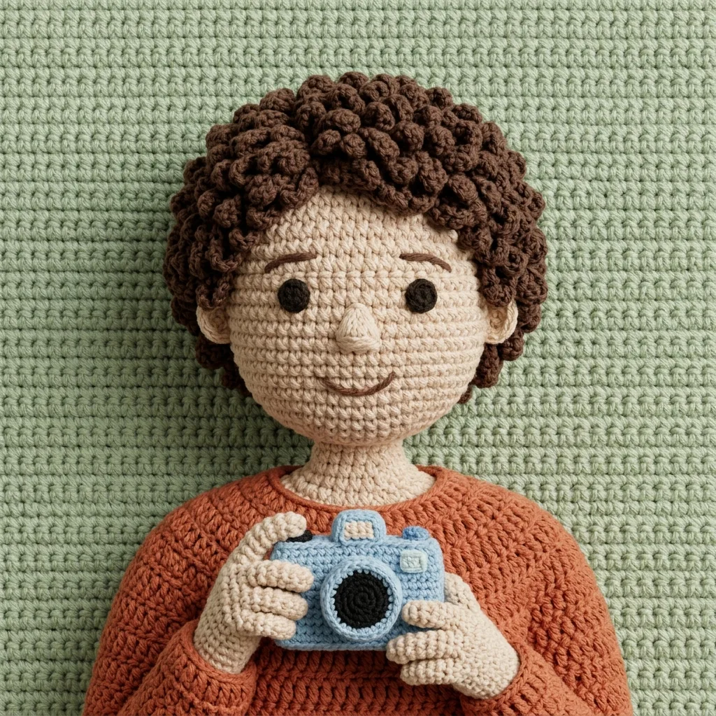 Retrato em crochê de uma mulher com cachos curtos e escuros e um suéter cor de terracota segurando uma pequena câmera azul contra um fundo sálvia