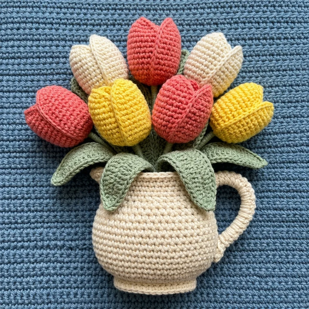 Tulipas de crochê coral, amarelo e creme com folhas verdes em uma jarra creme sobre um fundo de fios azul suave
