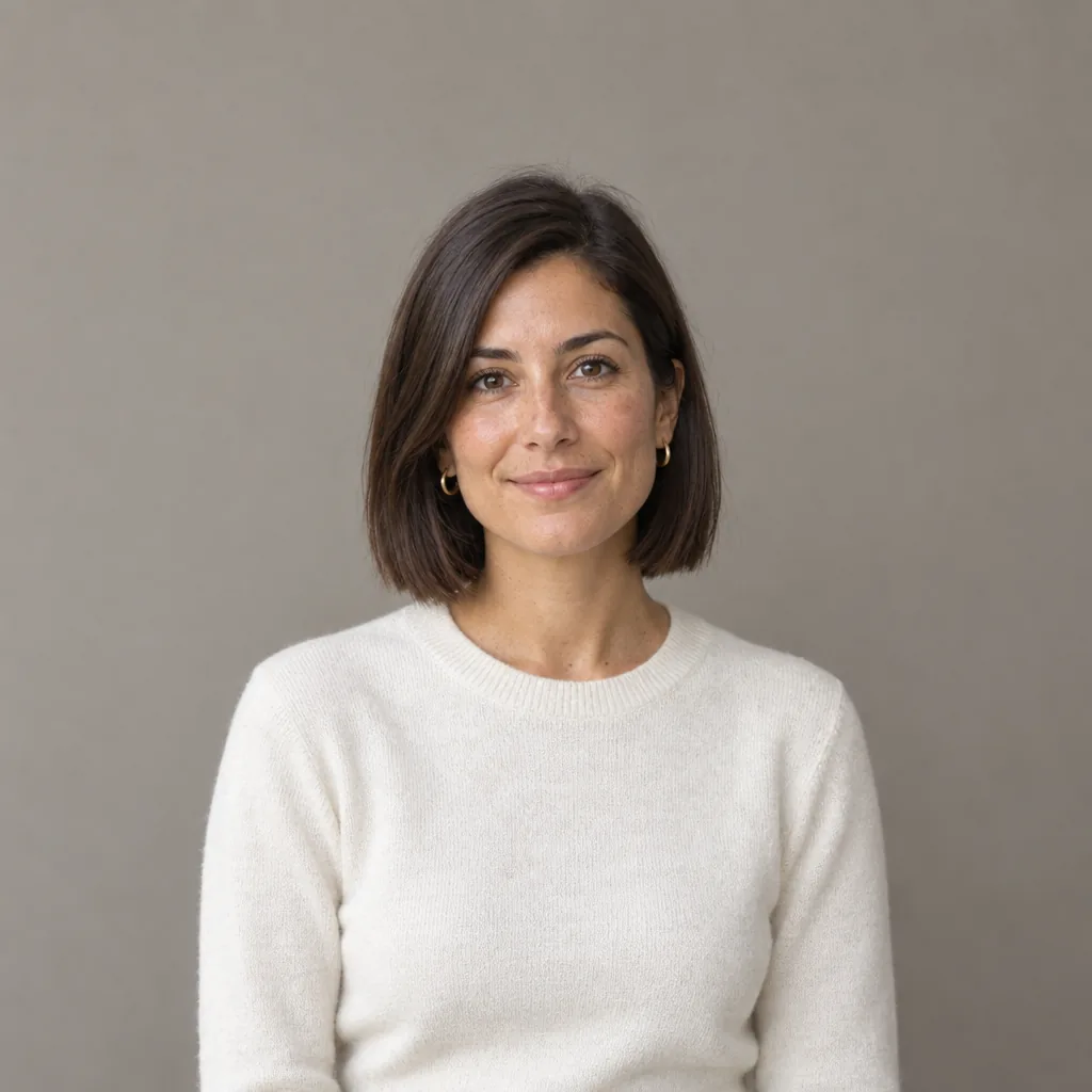 Donna con caschetto castano liscio e maglione avorio prima del filtro capelli ricci