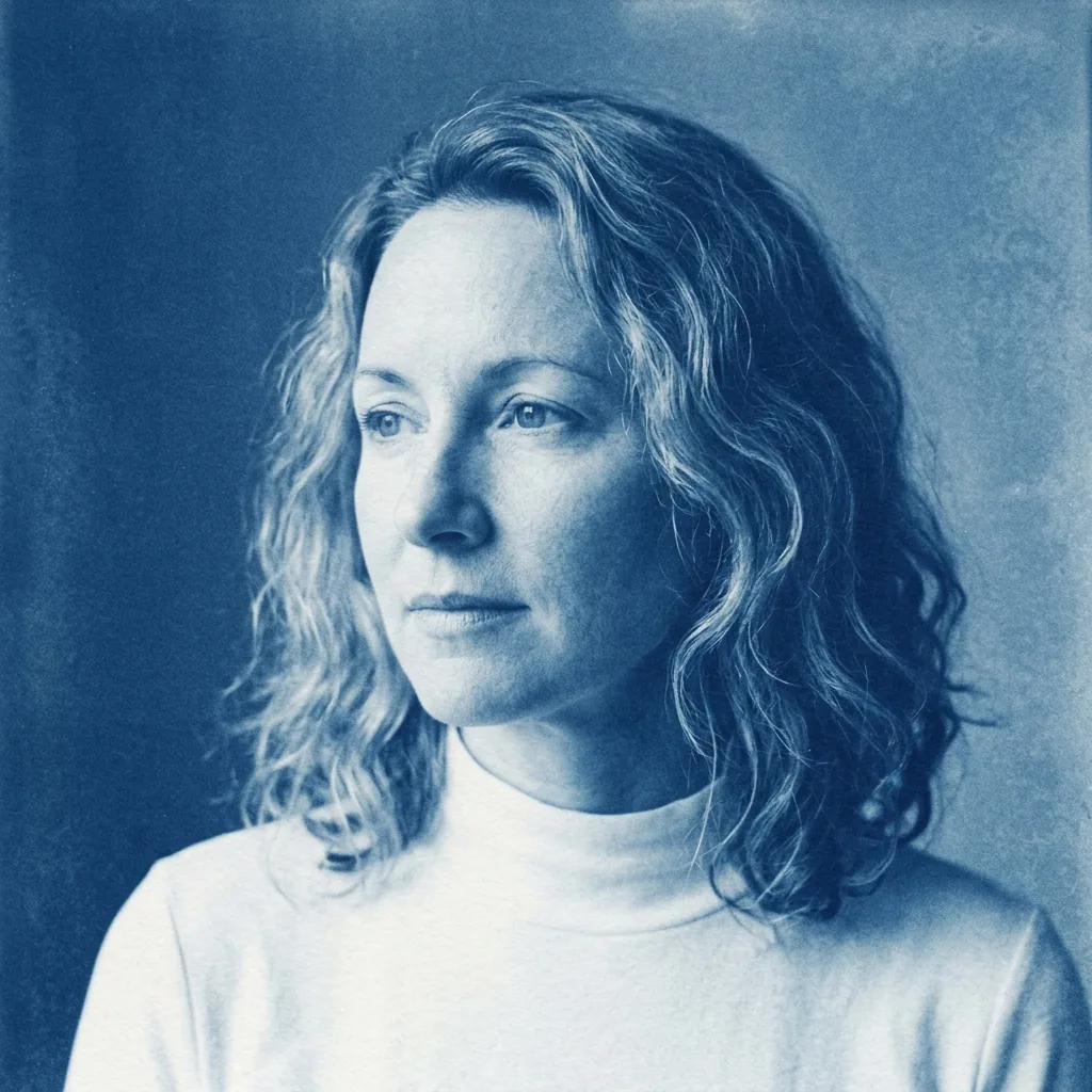 Blue-and-white cyanotype-style portrait of a woman with wavy hair against a dark blue background