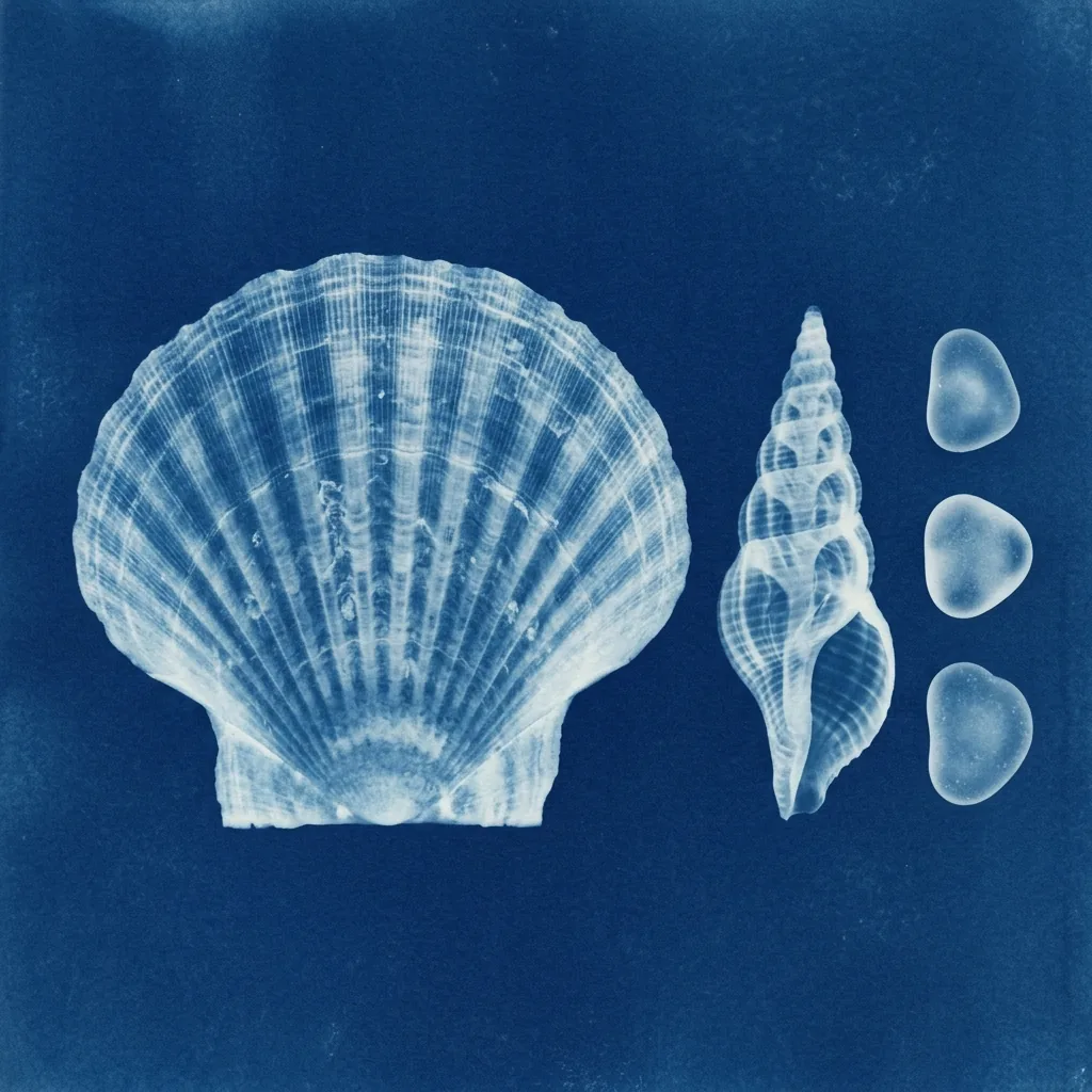 Cyanotype-style still life with pale scallop and spiral shells and small sea-glass shapes on a blue ground