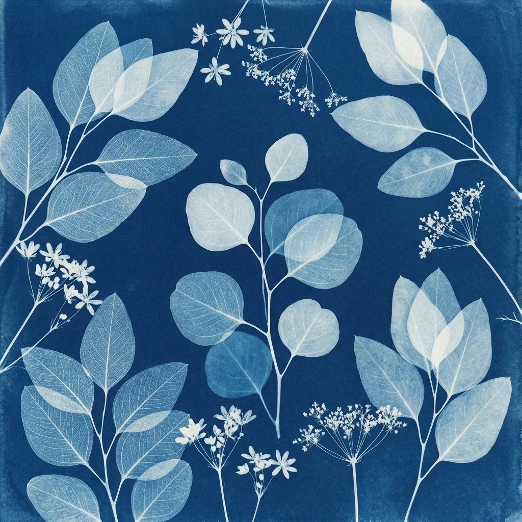Pale eucalyptus leaves and small flowers overlapping on a Prussian blue cyanotype-style ground