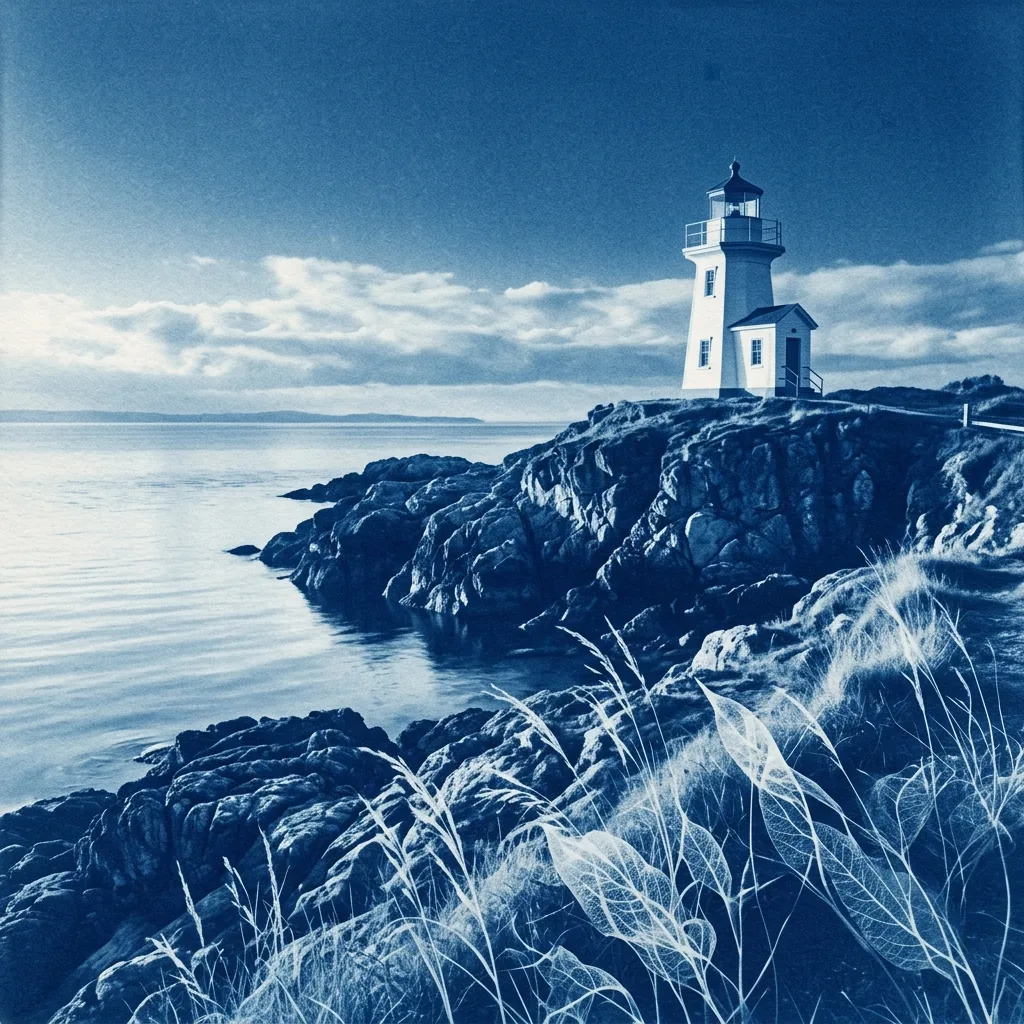 Cyanotype-style coastal scene with a pale lighthouse on a rocky headland above blue water