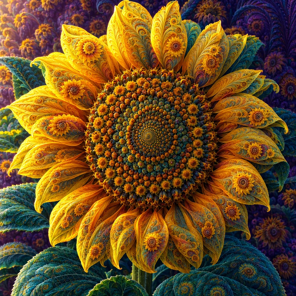 Surreal sunflower with tiny nested floral forms and feather-like patterns throughout its petals