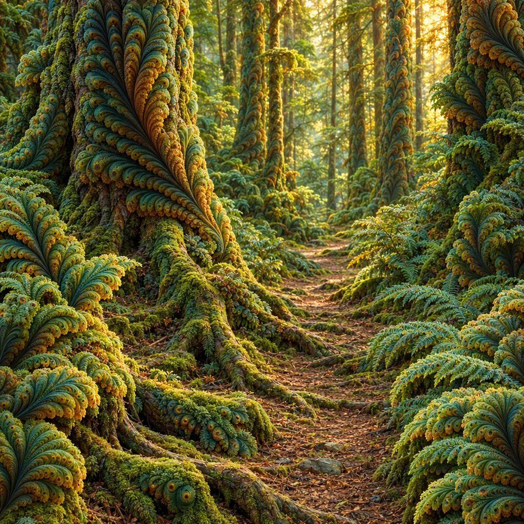 DeepDream-inspired forest path with recursive fern shapes and feather-like texture emerging from tree bark