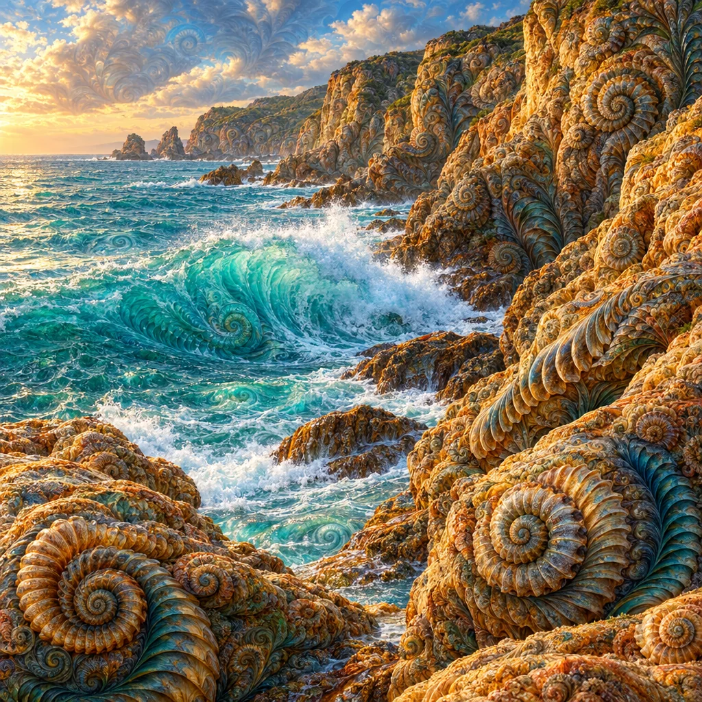 Surreal rocky coastline with nested shell spirals and luminous organic ridges in the stone