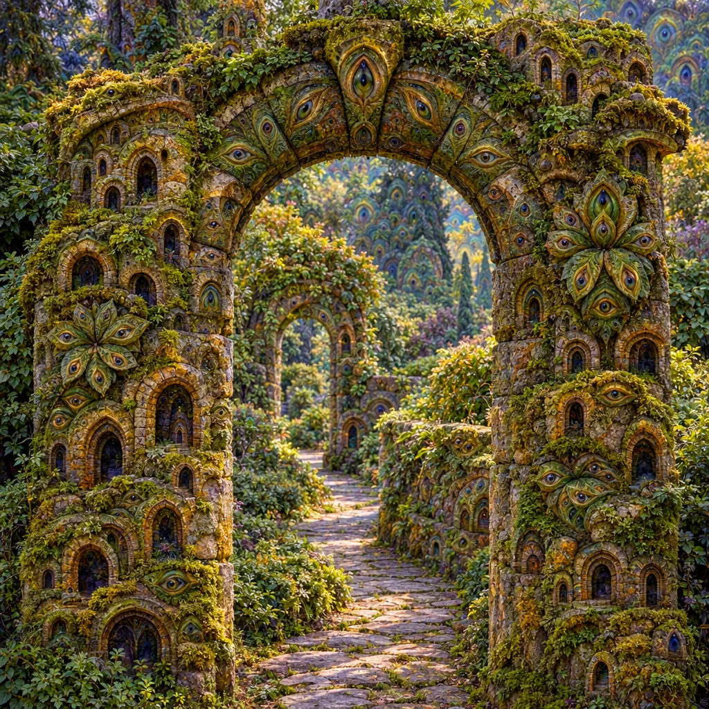 Invented stone archway with tiny repeated arches and organic ornamental textures emerging from its walls