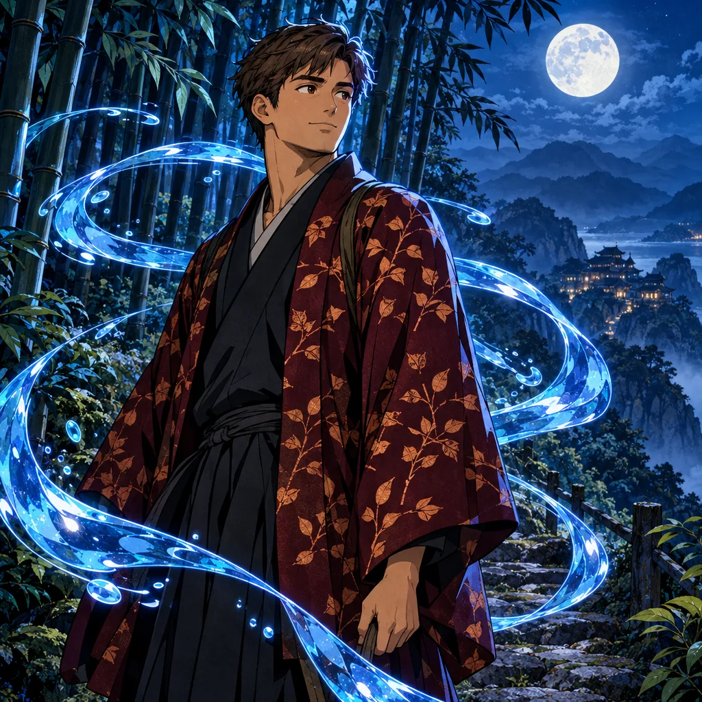 An original adult with short brown hair in a crimson leaf-patterned haori, blue water ribbons, a moonlit bamboo grove and distant buildings