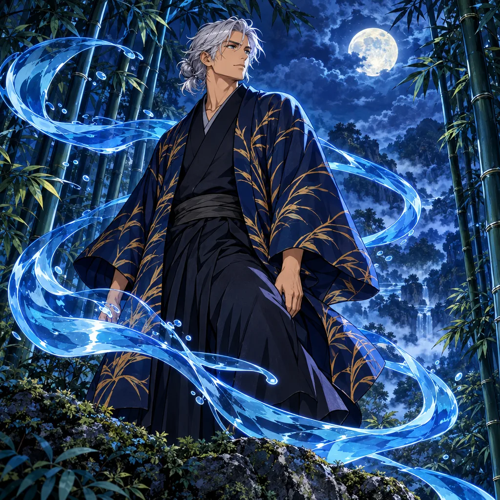 An original silver-haired adult in a navy haori with gold reed patterns, surrounded by blue water ribbons in a moonlit forest