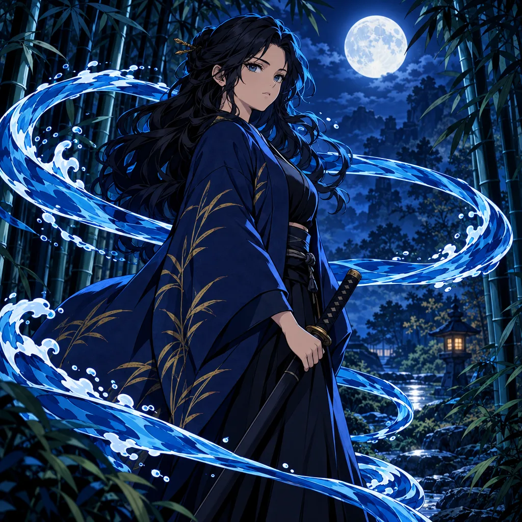An original adult fantasy swordswoman in a plain indigo haori with thin gold reed pattern in a moonlit bamboo grove, sheathed plain sword at rest, sweeping blue water ribbons, Demon Slayer-inspired period-fantasy anime portrait with strong ink contours, patterned haori and flowing elemental ribbons