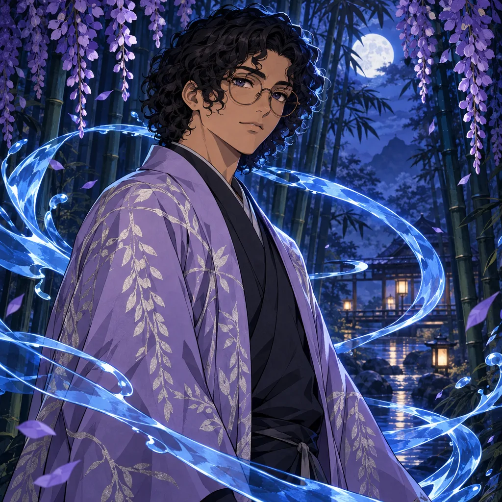An original adult with dark curly hair and round glasses wearing a lilac branch-patterned haori among hanging purple flowers and blue water ribbons