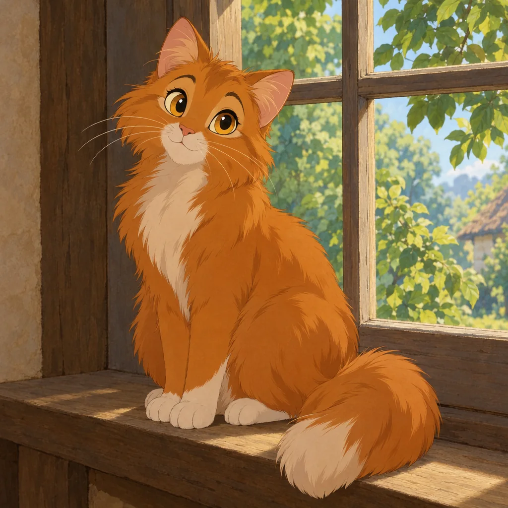 Flauschige orangefarbene Katze, neu interpretiert mit ausdrucksstarken Augen und handgemalten Bilderbuchdetails