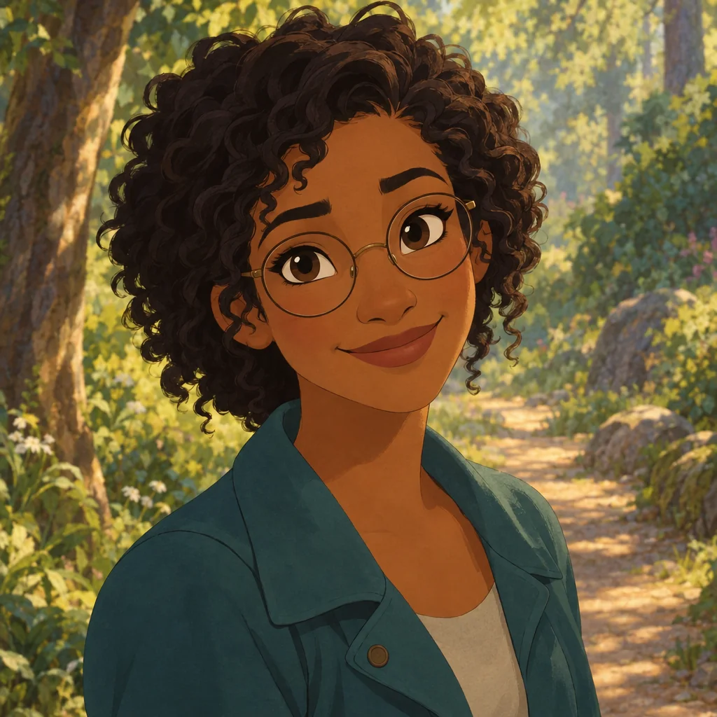 Disney-inspiriertes Porträt eines selbst erdachten Reisenden mit Locken und petrolfarbener Jacke auf einem sanft gemalten Waldweg