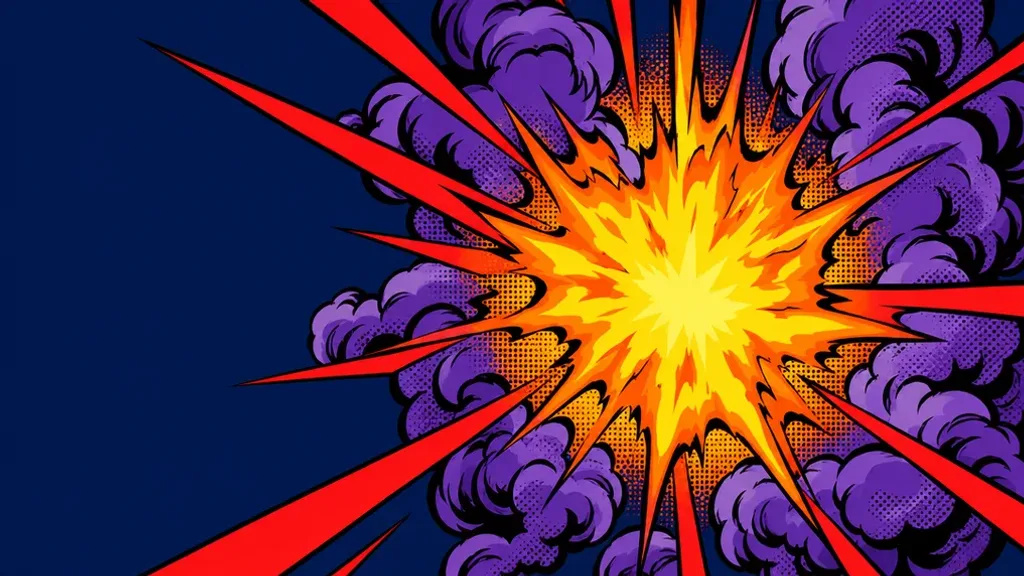 Gelborange Explosion mit roten Strahlen, schwarzen Linien und violettem Punktrauch vor Marineblau