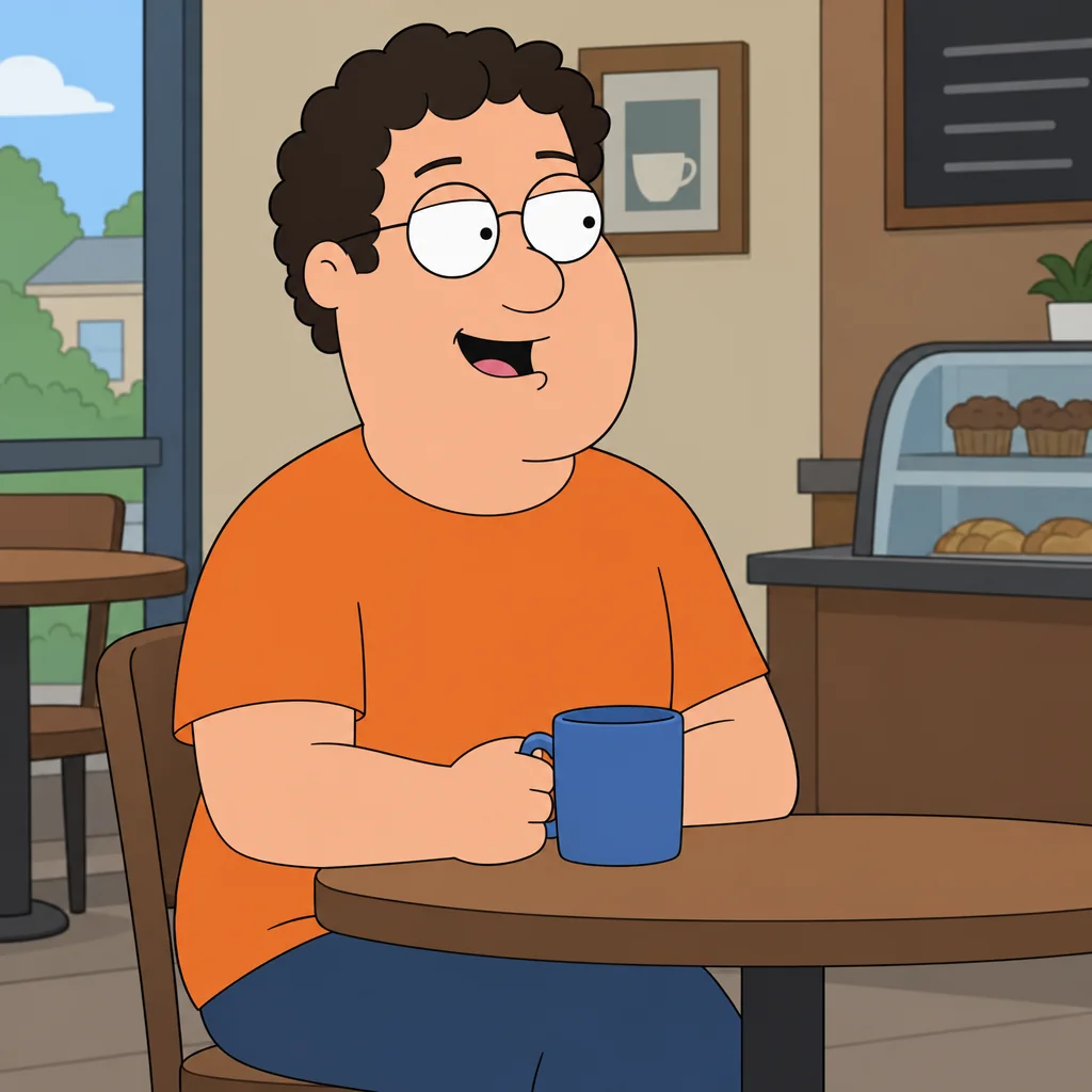 An original adult man with curly dark hair, round glasses and an orange shirt sitting at a small cafe table with a plain blue mug