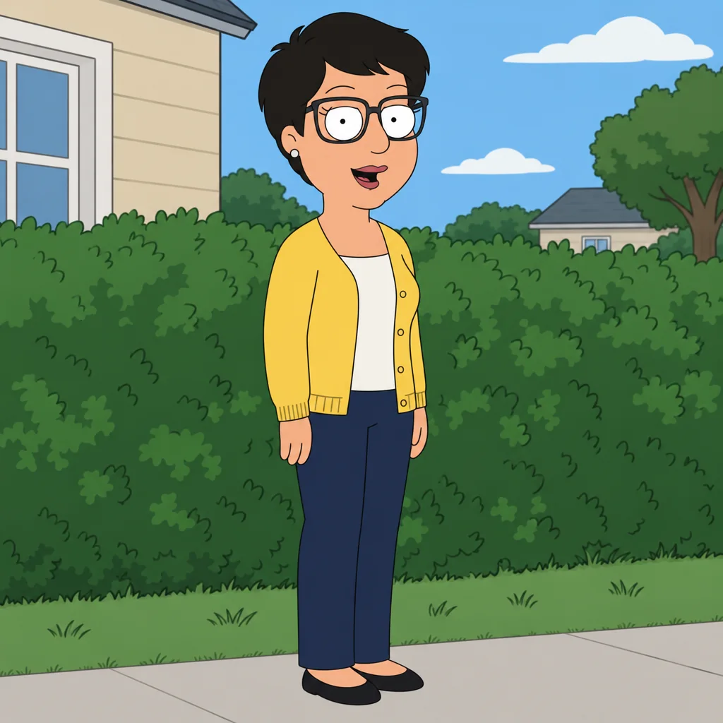 An original adult woman with short black hair, yellow cardigan and navy trousers standing by a green garden hedge