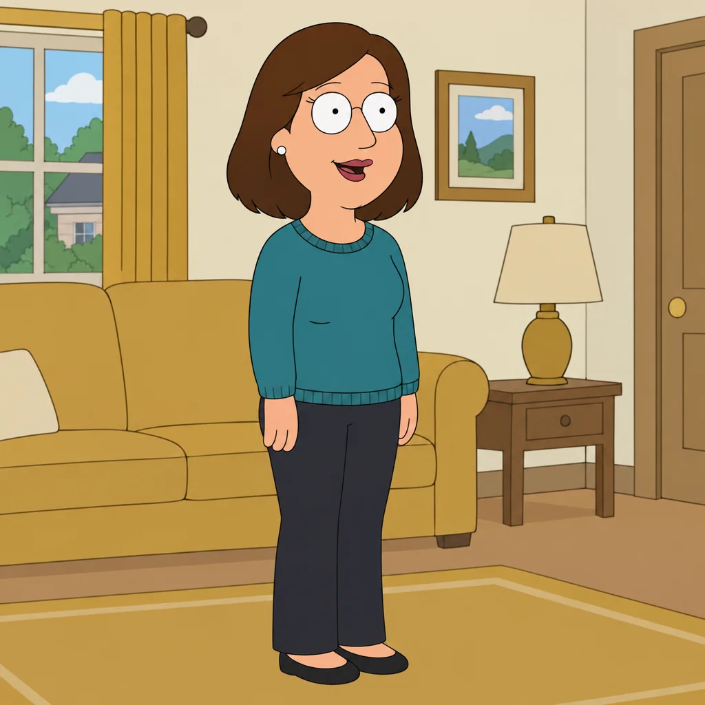 An original adult woman with shoulder-length brown hair, teal sweater and dark trousers standing in a simple cream-and-mustard suburban living room