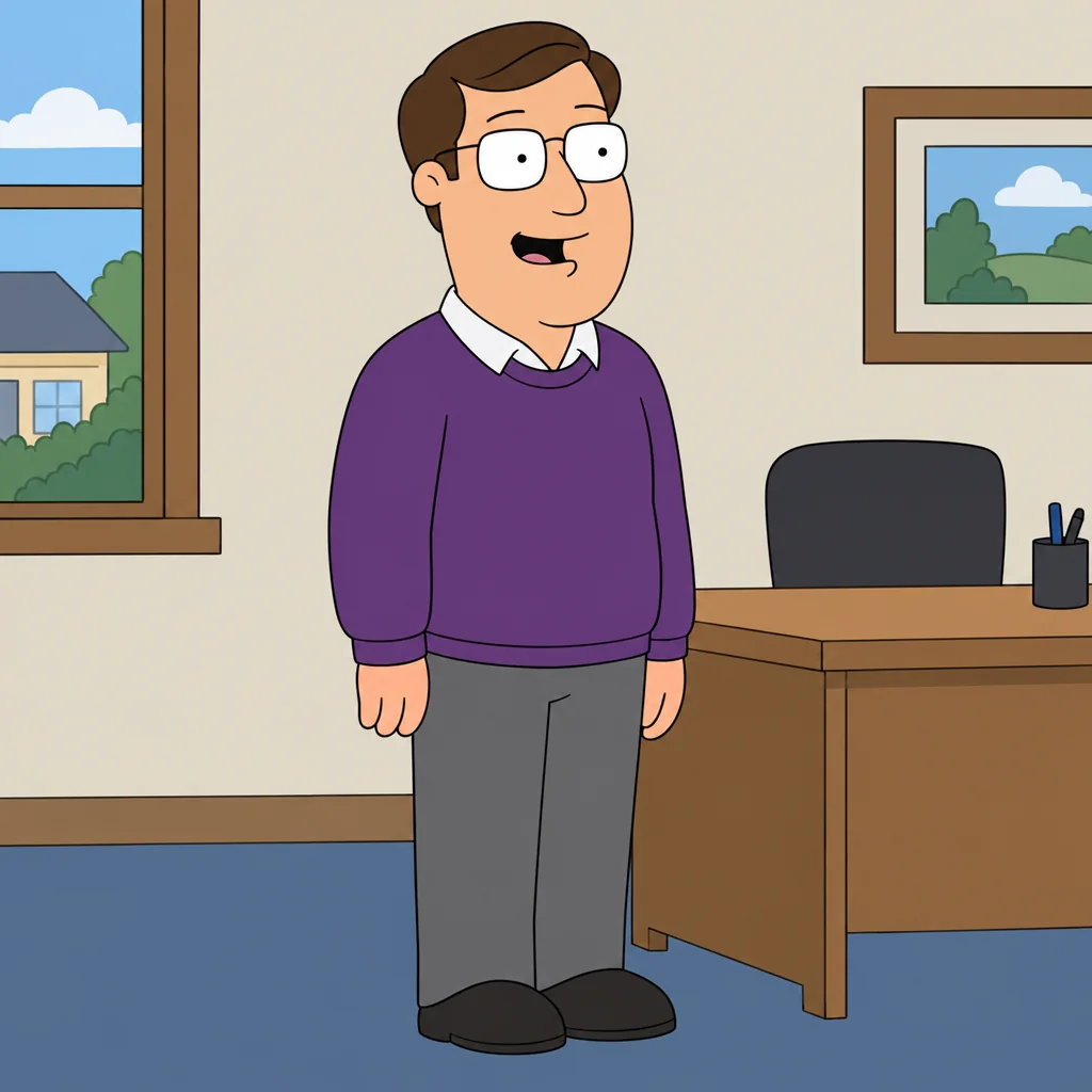 An original adult man with brown side-parted hair, purple pullover and gray trousers beside a simple wooden desk