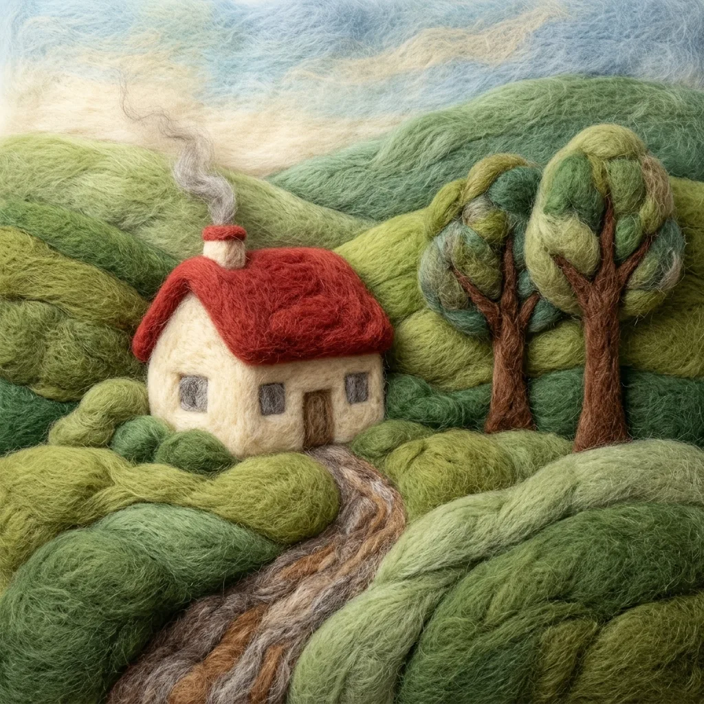 Cream felt cottage with a red roof, a path and rounded green hills and trees