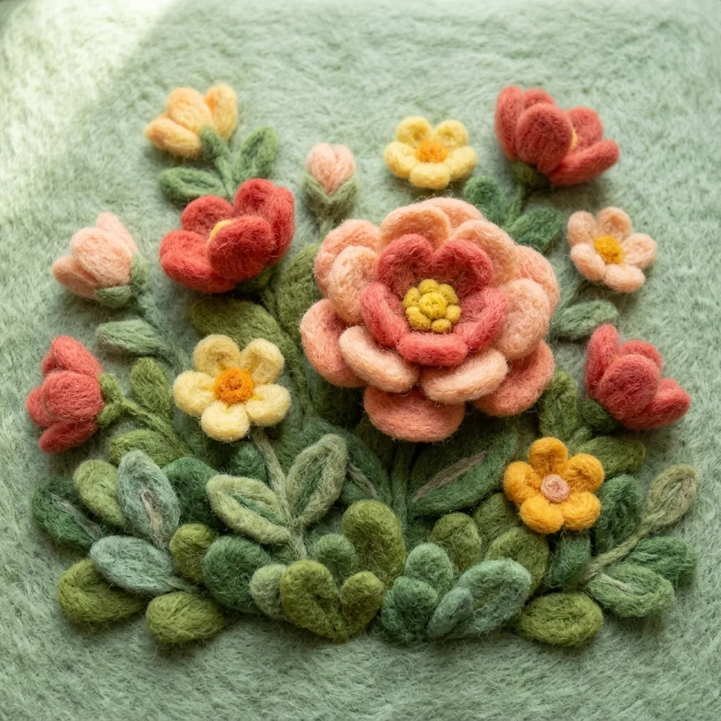 Felt art flowers in red, peach and yellow among rounded green leaves on a pale green ground