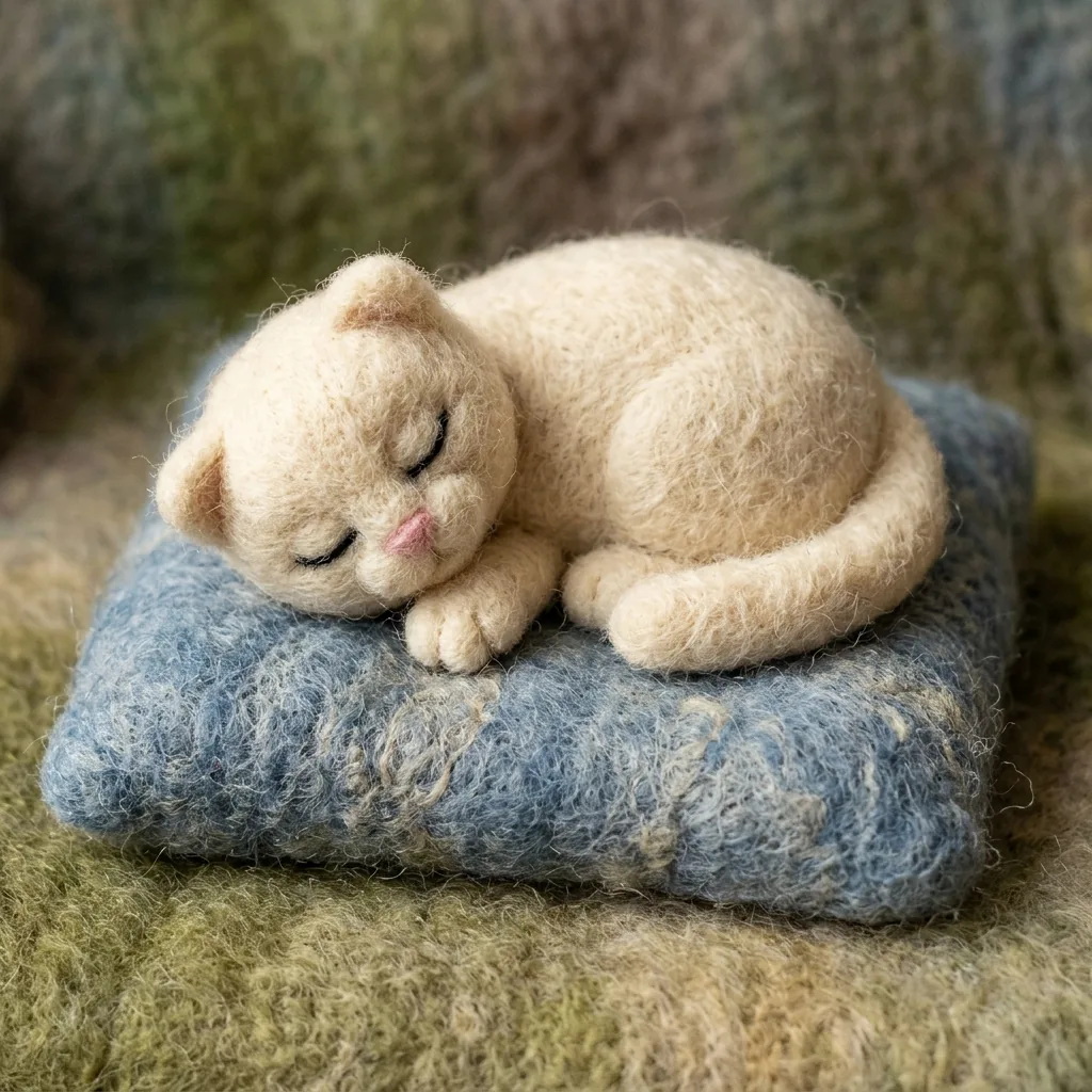 Cream felt cat curled on a dusty blue cushion, with a rounded tail and soft wool texture