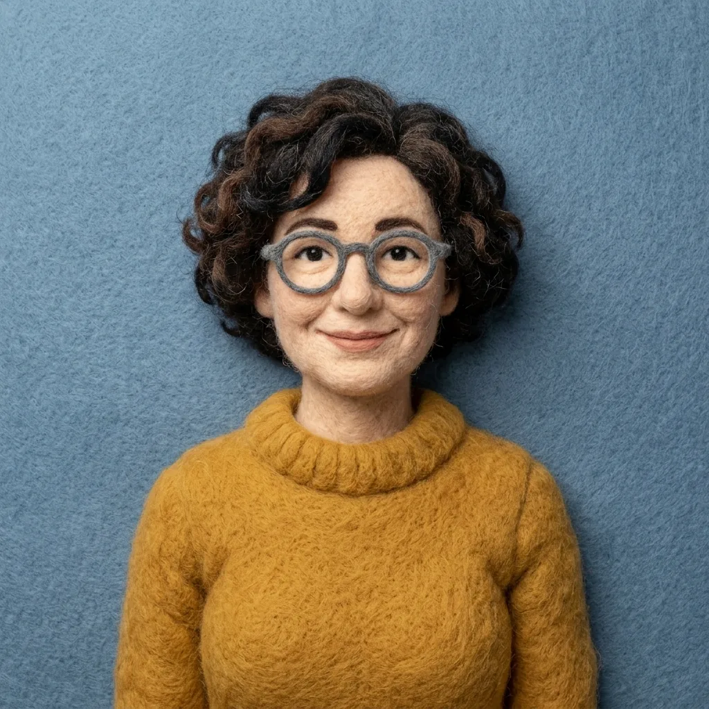 Felt portrait of a woman with short dark curly hair, round glasses and a mustard sweater against a blue ground