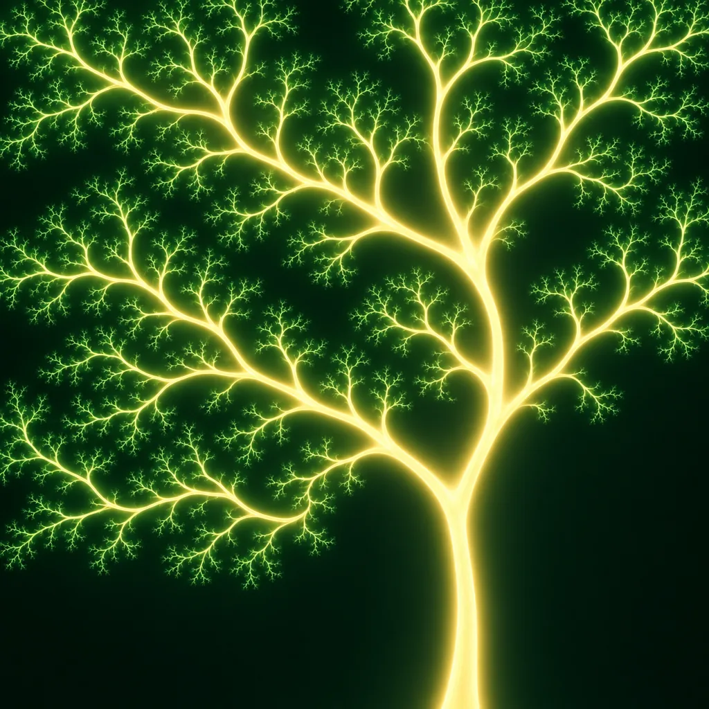 Albero frattale il cui tronco luminoso oro pallido si biforca più e più volte in rami più piccoli, che diventano verdi verso i rametti, su uno sfondo nero tendente al verde