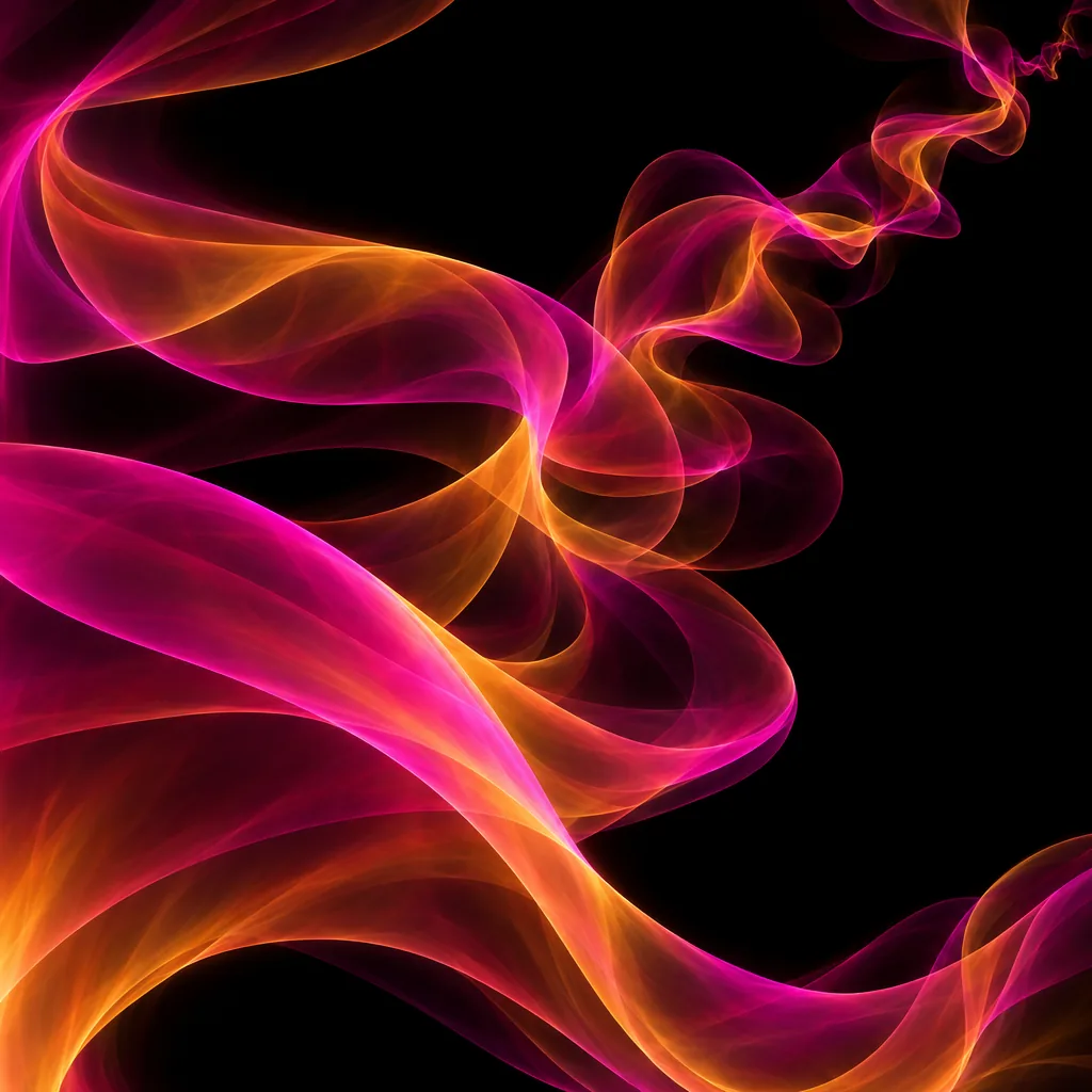 Flame fractal di nastri di luce setosi e traslucidi magenta e ambra che si assottigliano in esili filamenti verso l'alto a destra, su sfondo nero