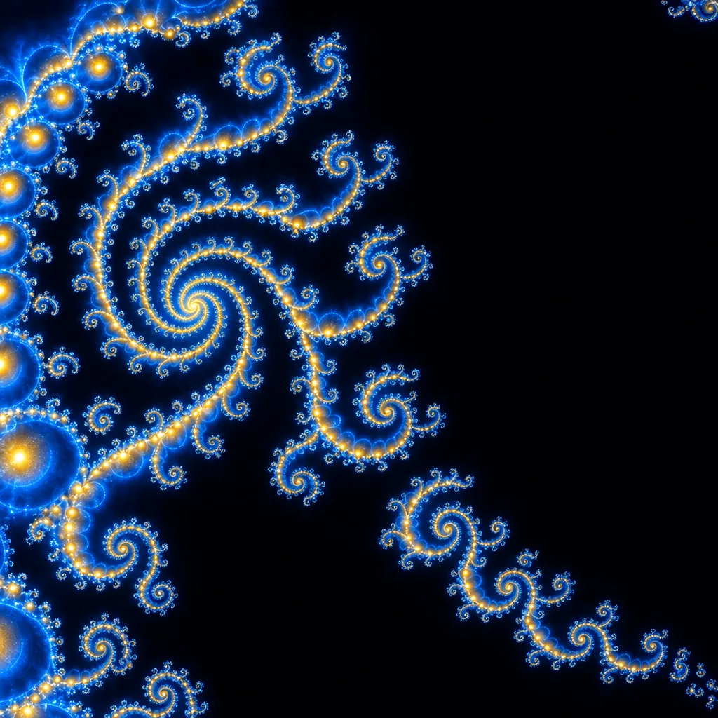 Spirale frattale in stile Mandelbrot fatta di intrecci perlinati luminosi oro e blu elettrico, con volute più piccole lungo ogni braccio, su uno sfondo quasi nero