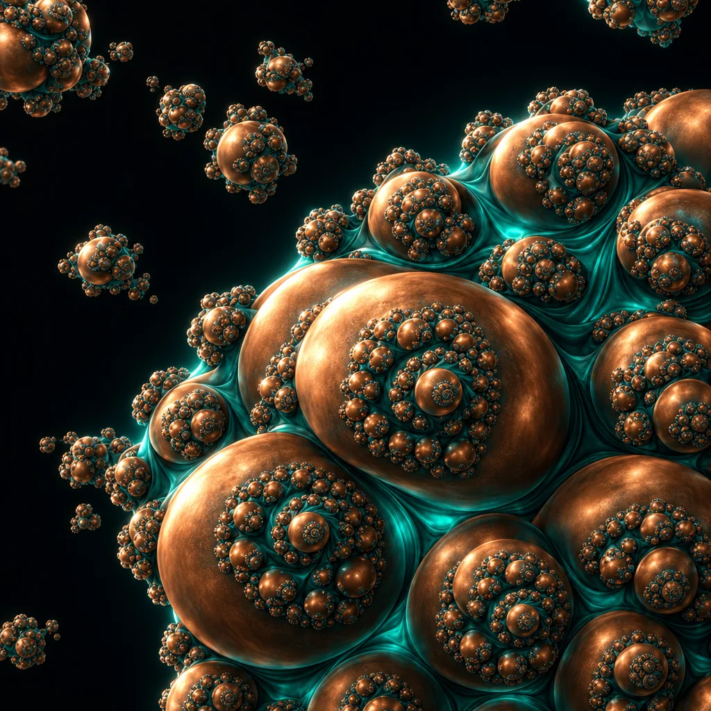 Forma frattale scolpita dall'aspetto 3D, fatta di sfere di rame lucido ricoperte di sfere più piccole, con pieghe luminose verde petrolio tra l'una e l'altra, sospesa in uno spazio scuro