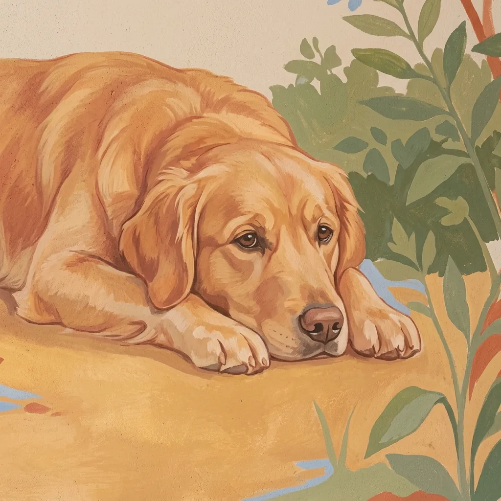 Fresco-style painting of a resting golden retriever beside green foliage, with matte ochre, pale blue and terracotta colors