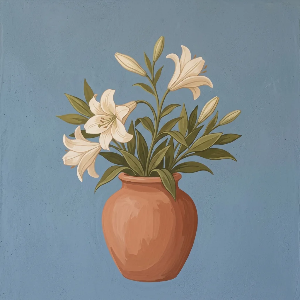 Fresco-style still life of cream lilies and olive-green leaves in a terracotta vase against a dusty blue plaster-textured background