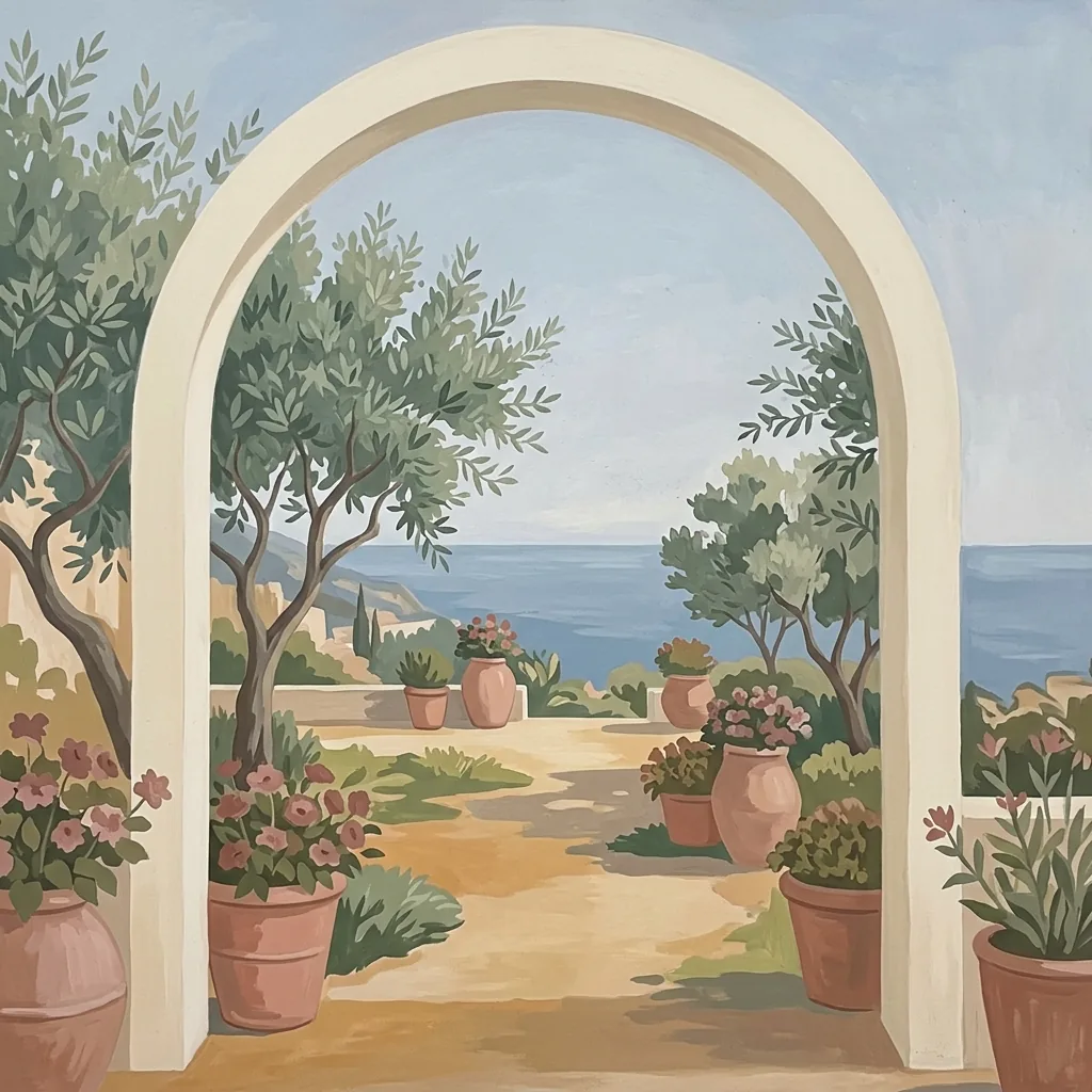 Fresco-style coastal garden seen through a cream arch, with olive trees, terracotta pots and a distant dusty blue sea