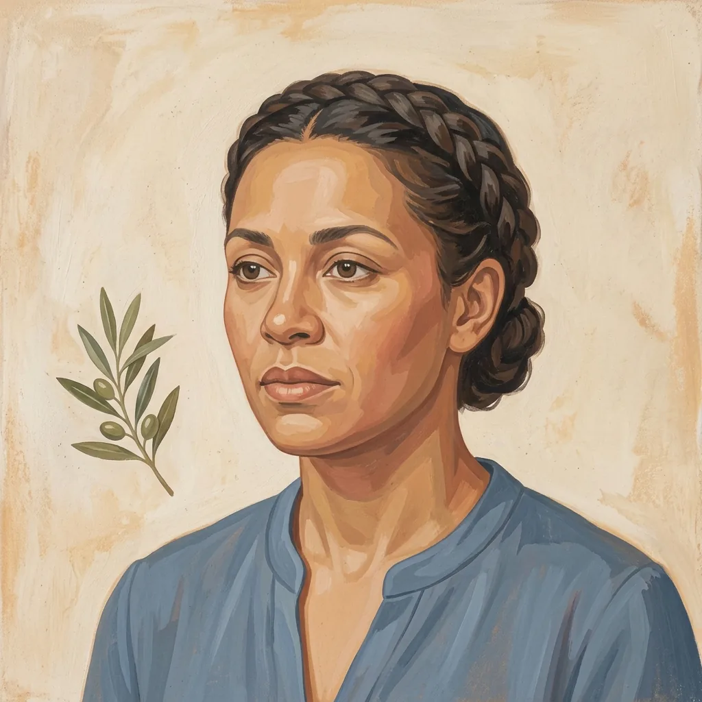 Fresco-style portrait of a woman with braided dark hair in a blue blouse, with olive leaves beside her against a warm cream ground
