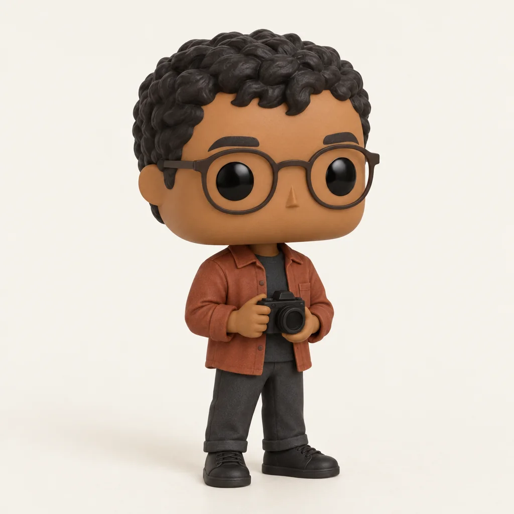 Personaggio in vinile ispirato a Funko Pop con capelli ricci, occhiali, una sovracamicia color ruggine e una piccola macchina fotografica