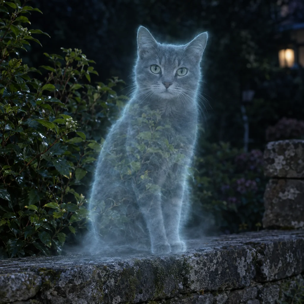 Eine durchscheinende Katze mit hellblauem Leuchten sitzt auf einer Steinmauer in einem Garten.