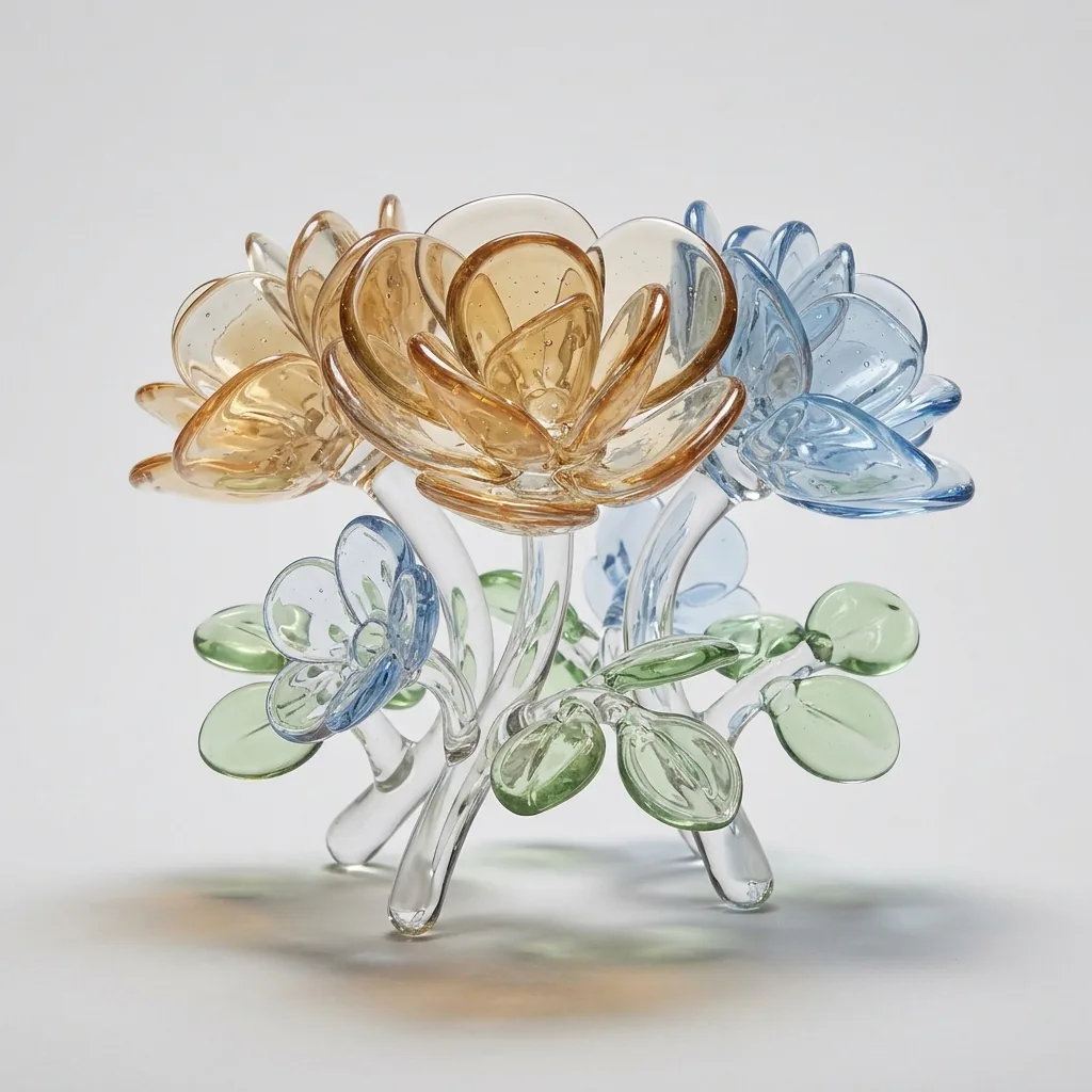A cluster of amber and pale blue glass flowers with clear stems and rounded green leaves against a pale gray background