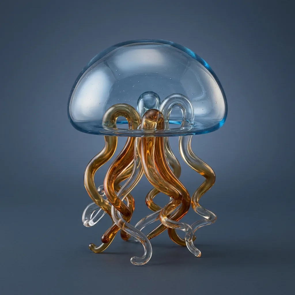 Jellyfish-shaped glass sculpture with a blue dome and curling amber and clear tendrils on a dark blue-gray background