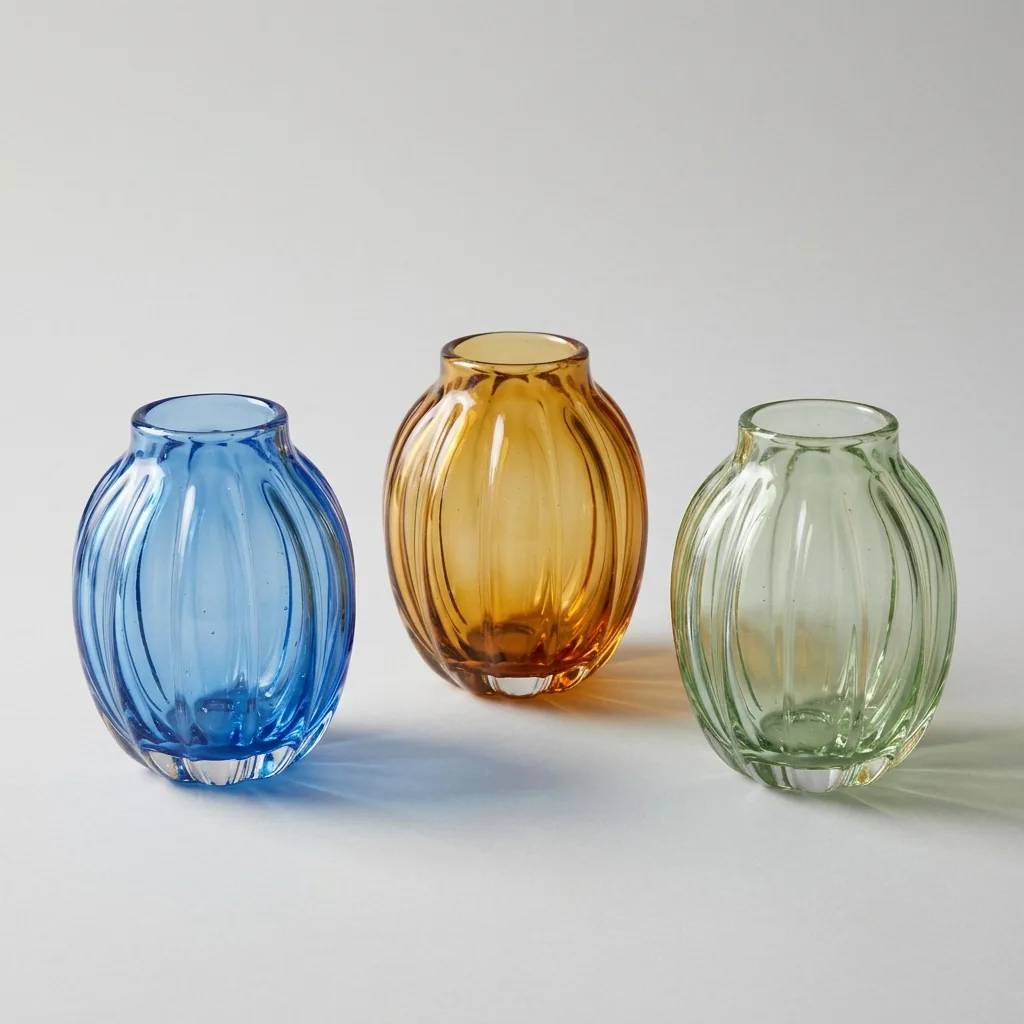 Three fluted glass vases in clear blue, honey amber and pale green, with curved highlights and colored shadows on a light gray surface