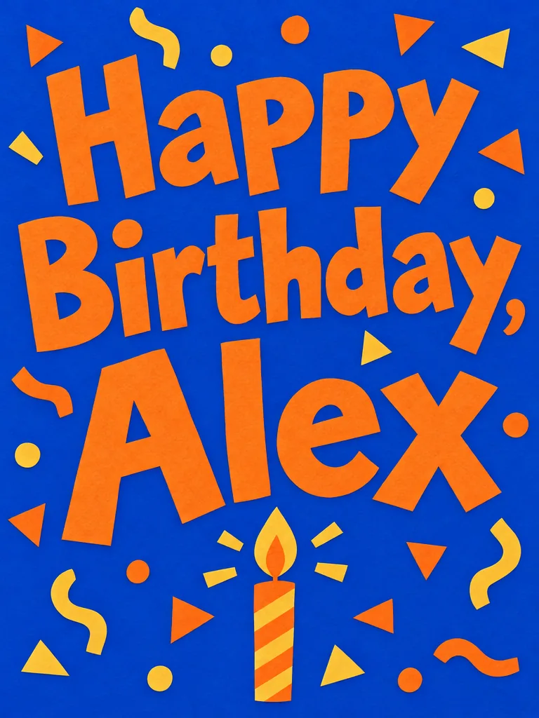 Cobalt blue and orange birthday card with paper-cut confetti and large lettering reading Happy Birthday, Alex