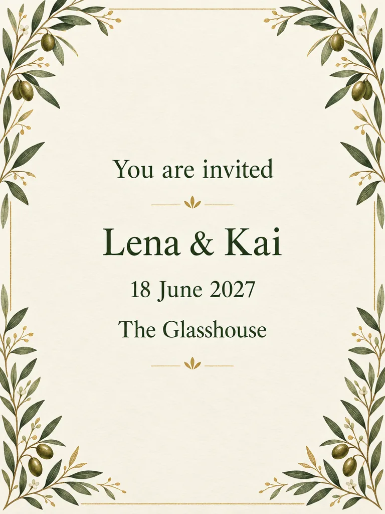 Cream invitation with olive branches and the text You are invited, Lena & Kai, 18 June 2027 and The Glasshouse